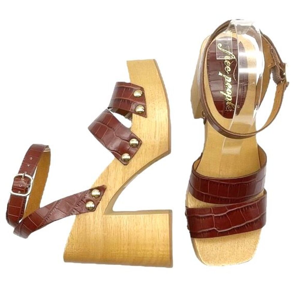 NWT Free People Mallory Brown Leather Clog Platform Ankle Wrap Sandal Size 8 NEW - Picture 15 of 16